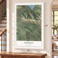 Gorman, California map, 24 x 36 inch print in a white frame by a staircase
