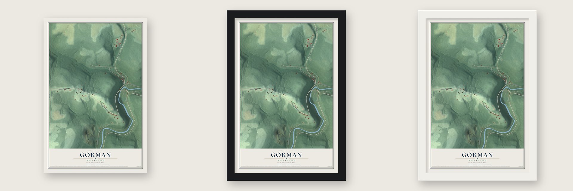 Gorman, Maryland map unframed, in a black wood frame and in a white wood frame