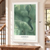 Gorman, Maryland map, 24 x 36 inch print in a white frame by a staircase