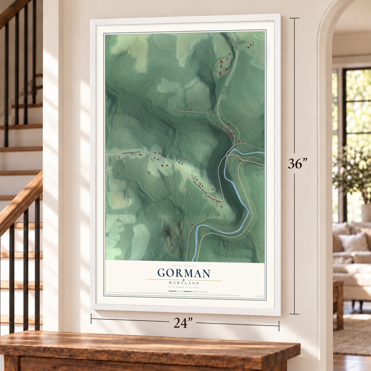Gorman, Maryland map, 24 x 36 inch print in a white frame by a staircase