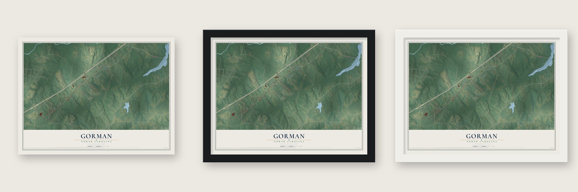 Gorman, North Carolina map unframed, in a black wood frame and in a white wood frame