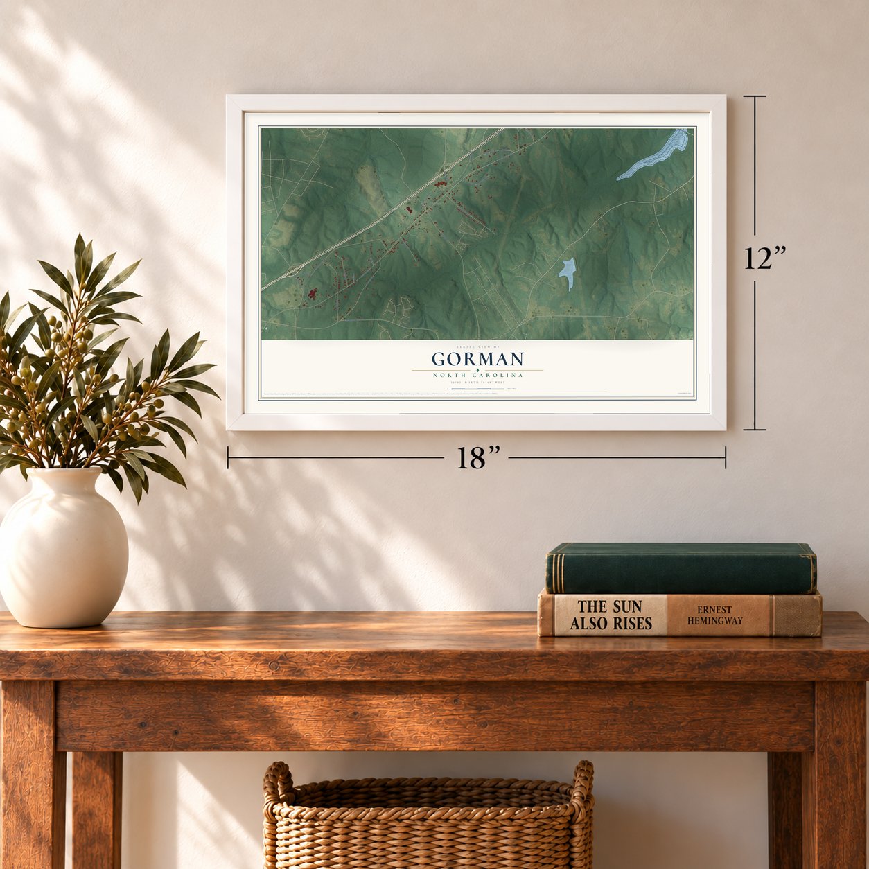 Gorman, North Carolina map, 12 x 18 inch print in a white frame in an entryway