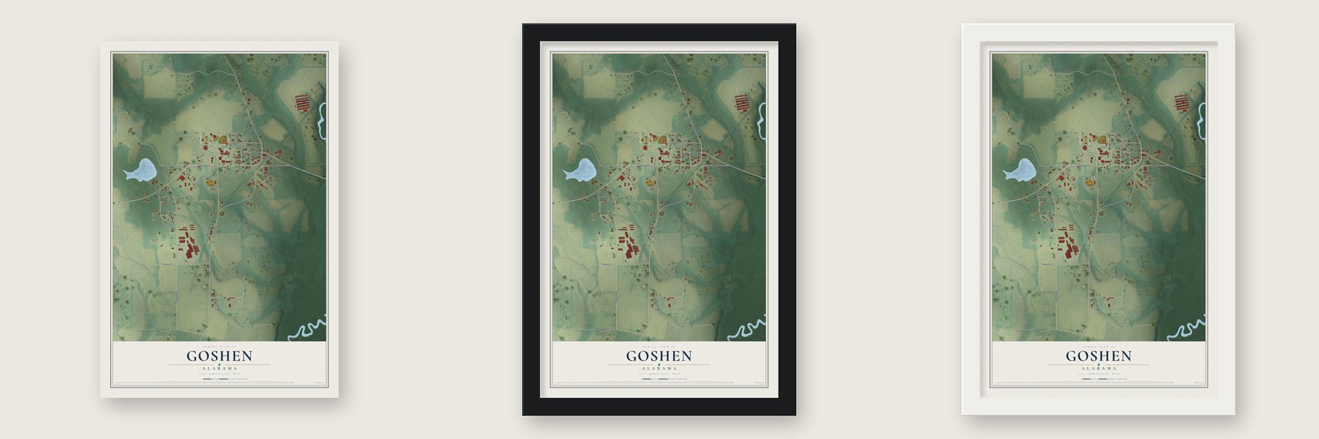 Goshen, Alabama map unframed, in a black wood frame and in a white wood frame