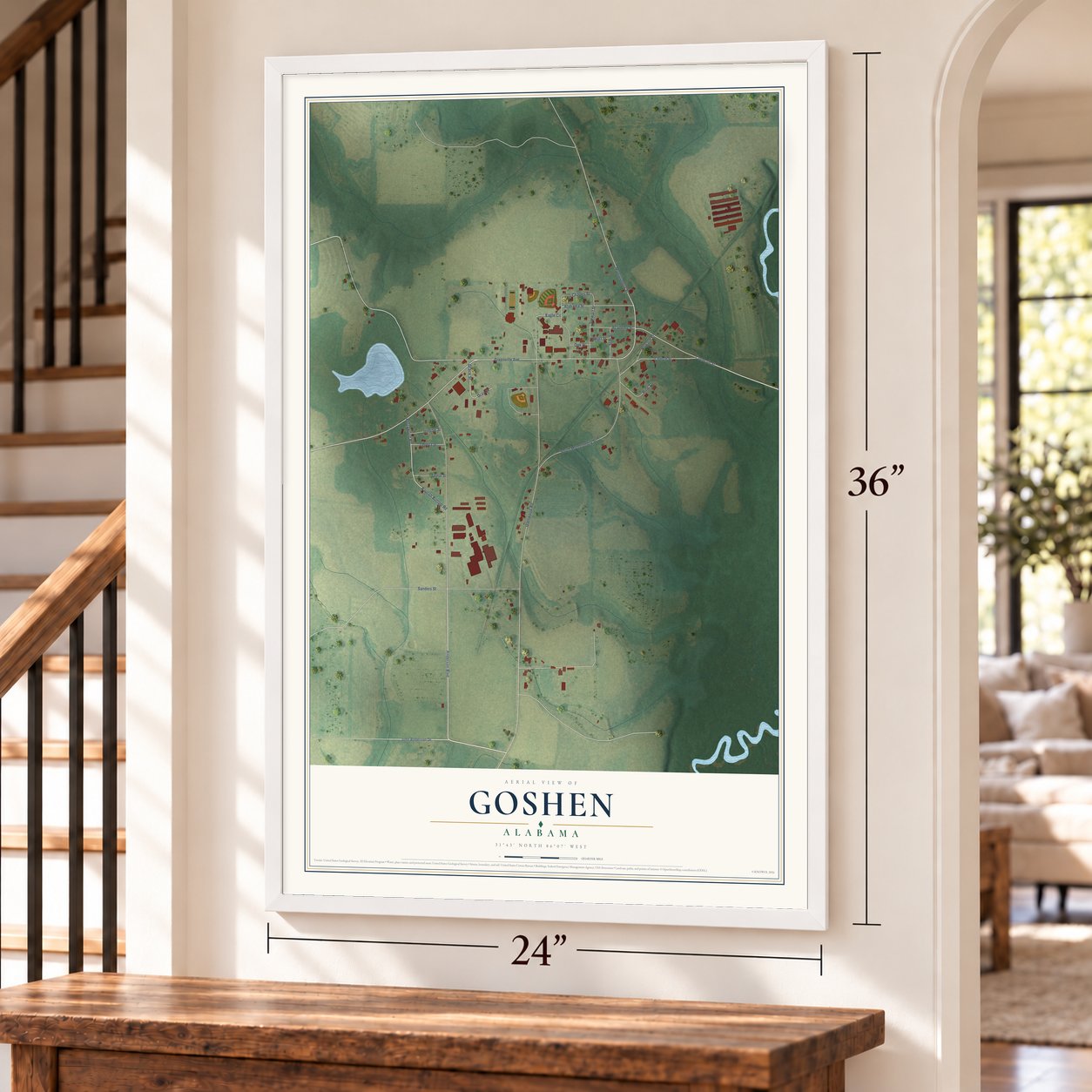 Goshen, Alabama map, 24 x 36 inch print in a white frame by a staircase