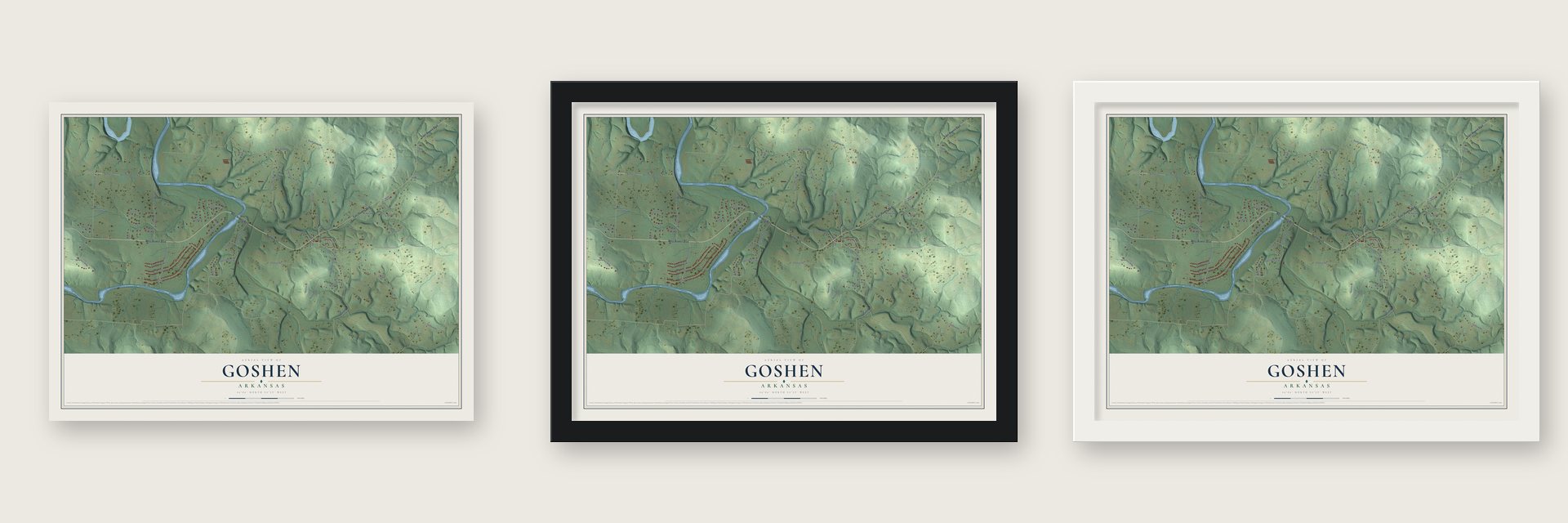 Goshen, Arkansas map unframed, in a black wood frame and in a white wood frame