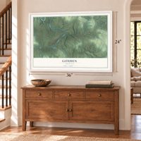 Goshen, Arkansas map, 24 x 36 inch print in a white frame above a dresser by a staircase