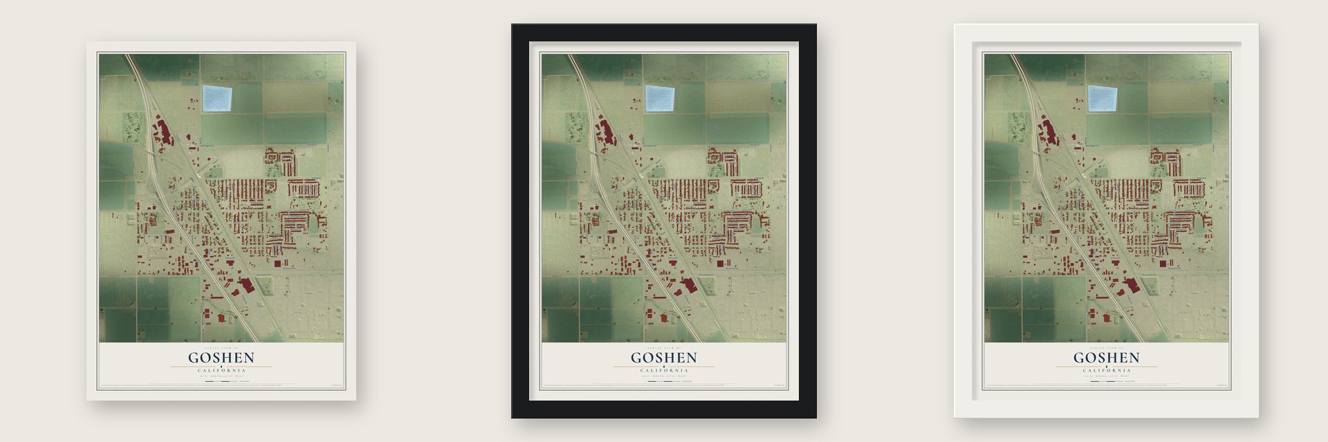 Goshen, California map unframed, in a black wood frame and in a white wood frame