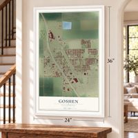 Goshen, California map, 24 x 36 inch print in a white frame by a staircase