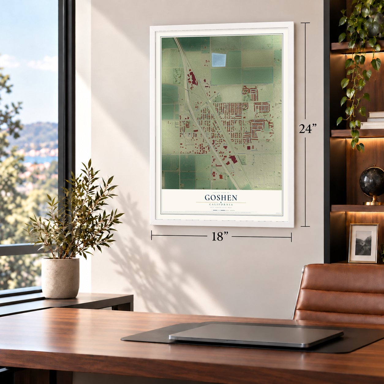 Goshen, California map, 18 x 24 inch print in a white frame in a home office