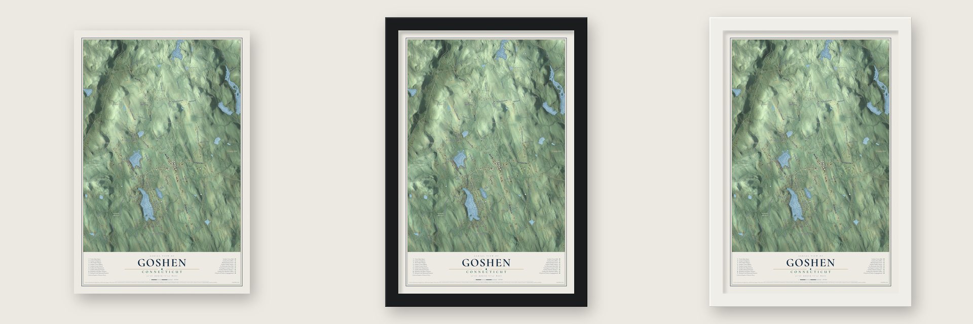 Goshen, Connecticut map unframed, in a black wood frame and in a white wood frame