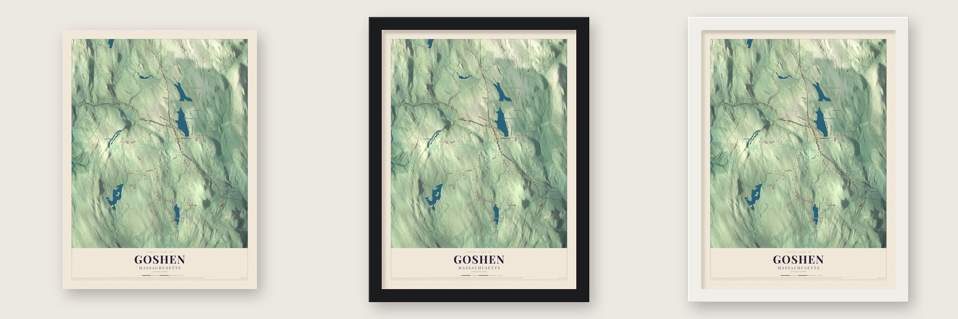 Goshen, Massachusetts map unframed, in a black wood frame and in a white wood frame