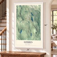 Goshen, Massachusetts map, 24 x 36 inch print in a white frame by a staircase