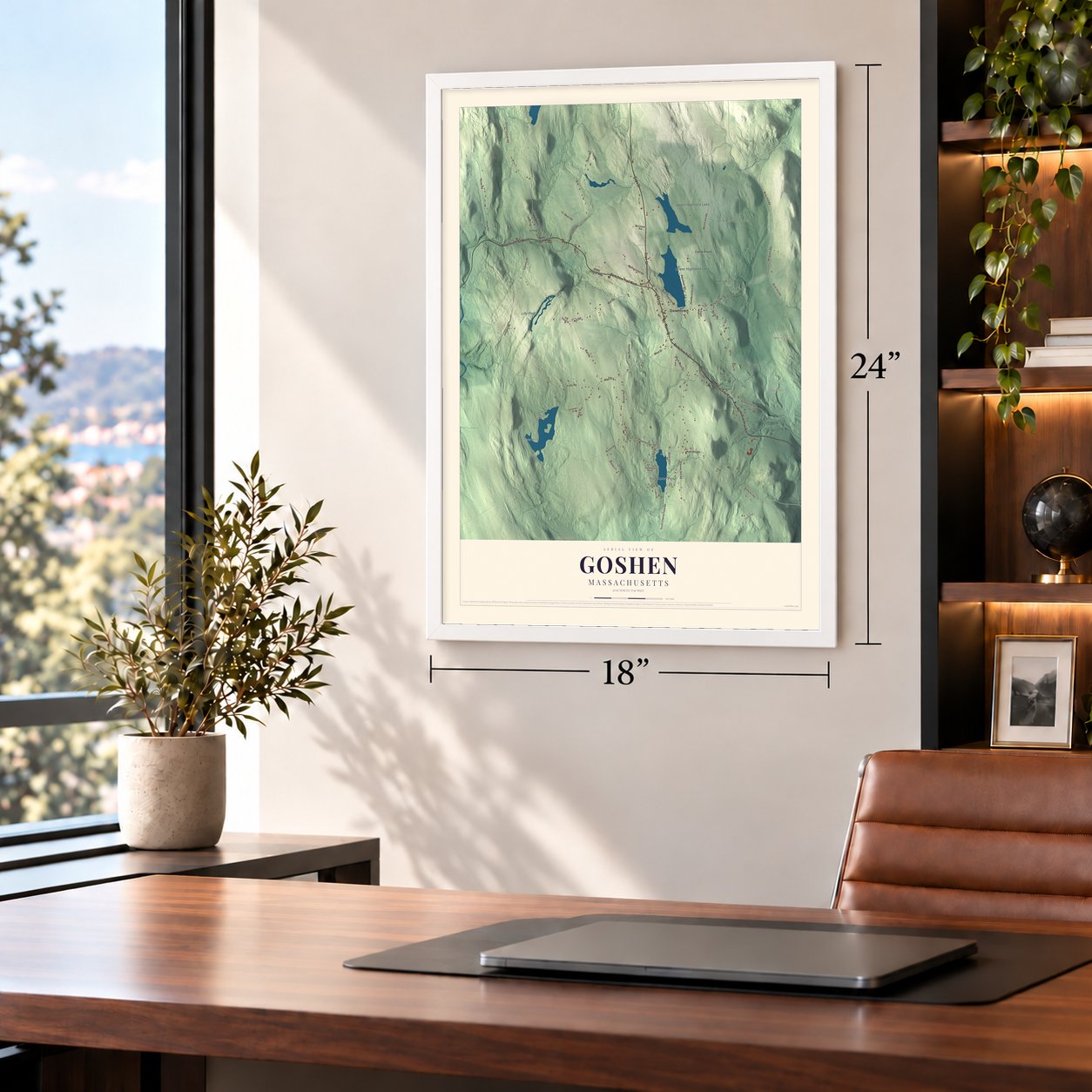 Goshen, Massachusetts map, 18 x 24 inch print in a white frame in a home office