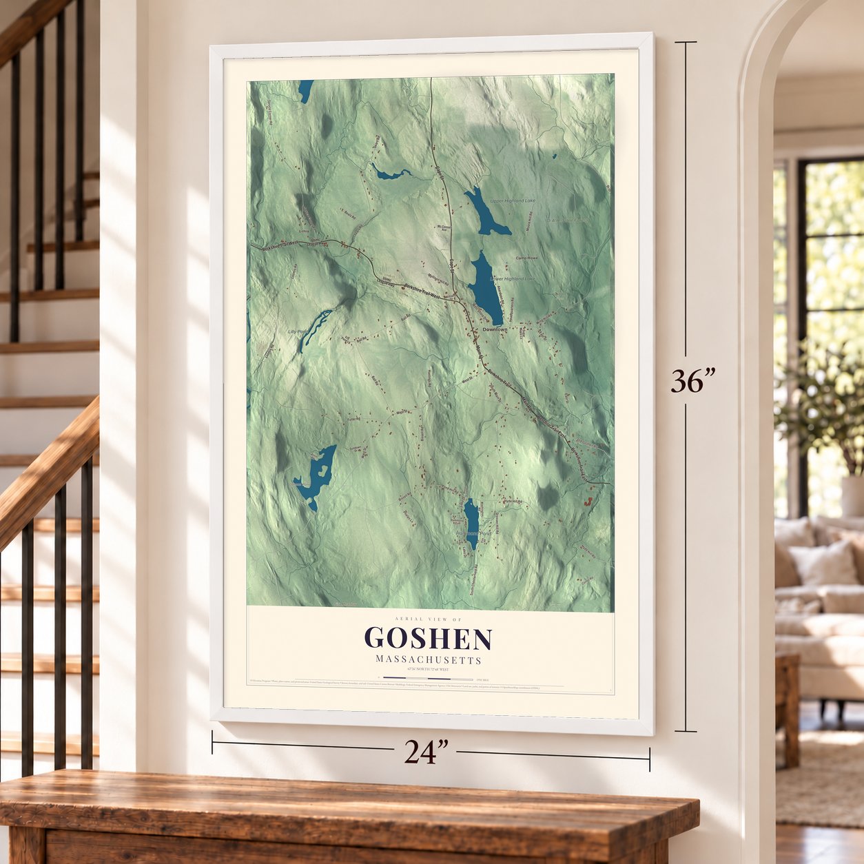 Goshen, Massachusetts map, 24 x 36 inch print in a white frame by a staircase