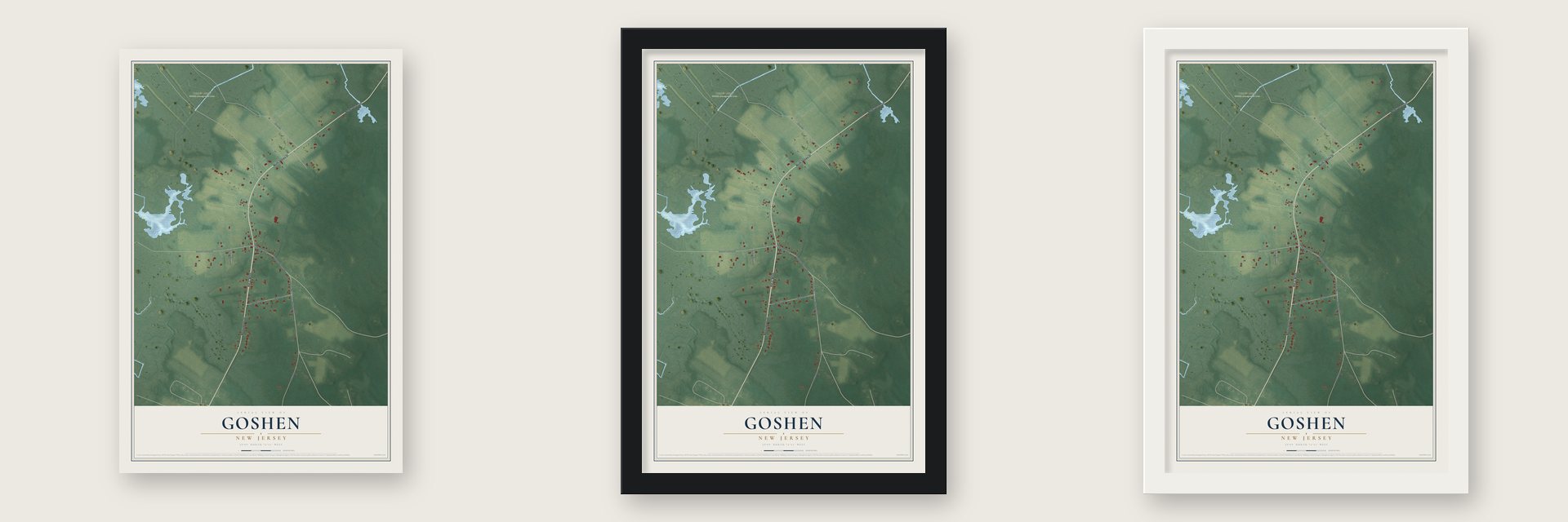Goshen, New Jersey map unframed, in a black wood frame and in a white wood frame