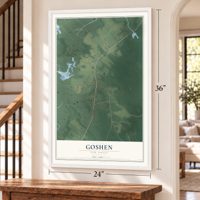Goshen, New Jersey map, 24 x 36 inch print in a white frame by a staircase