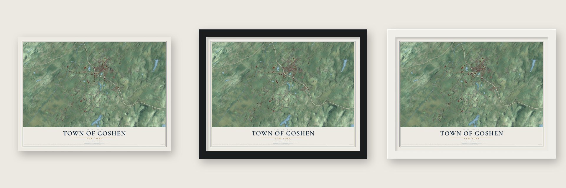 Town of Goshen, New York map unframed, in a black wood frame and in a white wood frame