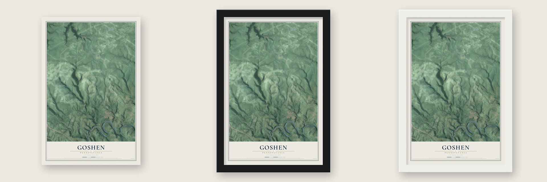 Goshen, Pennsylvania map unframed, in a black wood frame and in a white wood frame