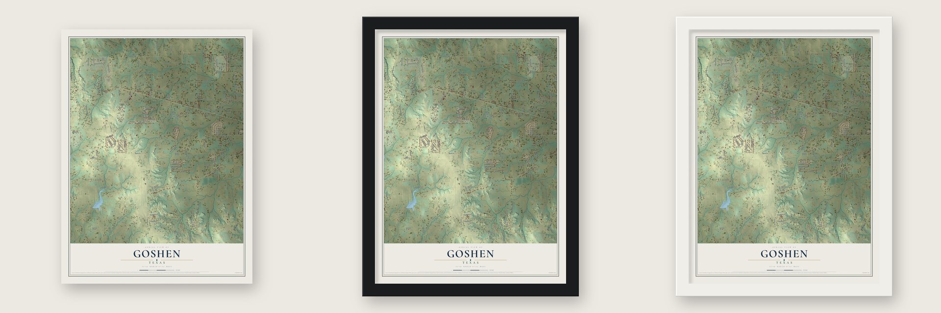 Goshen, Texas map unframed, in a black wood frame and in a white wood frame