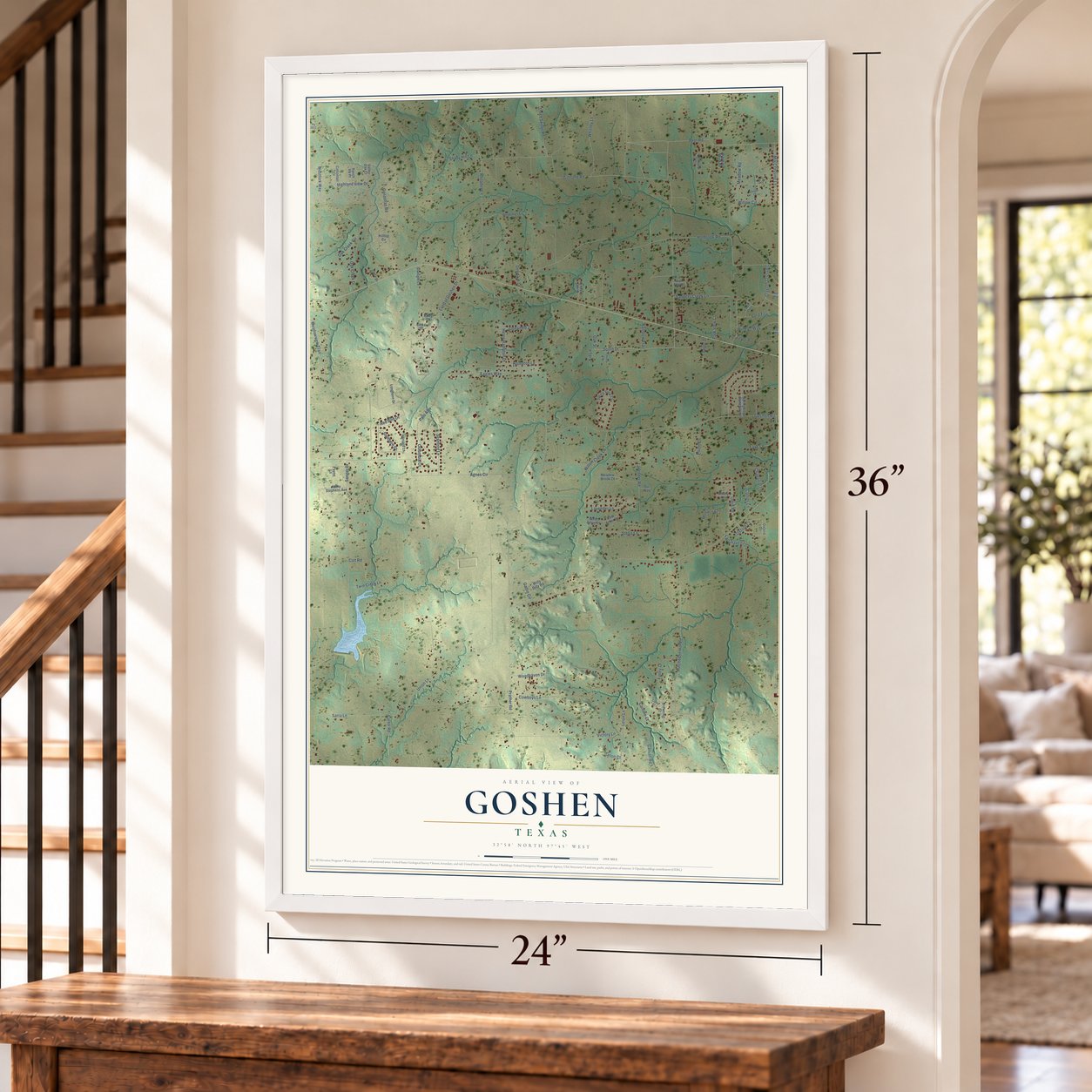 Goshen, Texas map, 24 x 36 inch print in a white frame by a staircase
