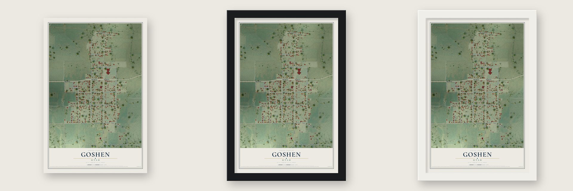 Goshen, Utah map unframed, in a black wood frame and in a white wood frame