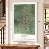 Goshen, Utah map, 24 x 36 inch print in a white frame by a staircase