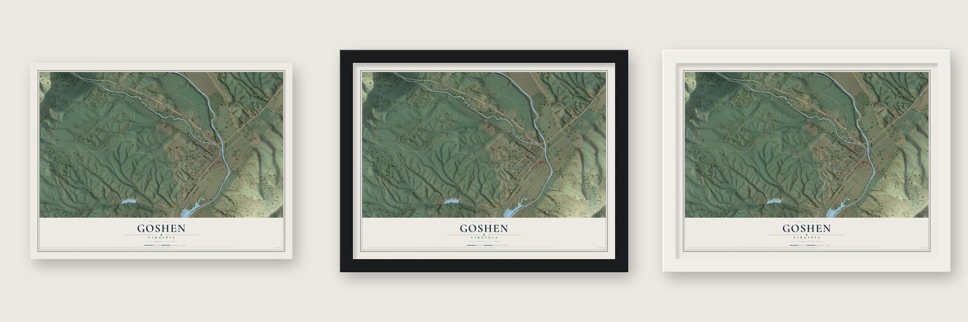 Goshen, Virginia map unframed, in a black wood frame and in a white wood frame