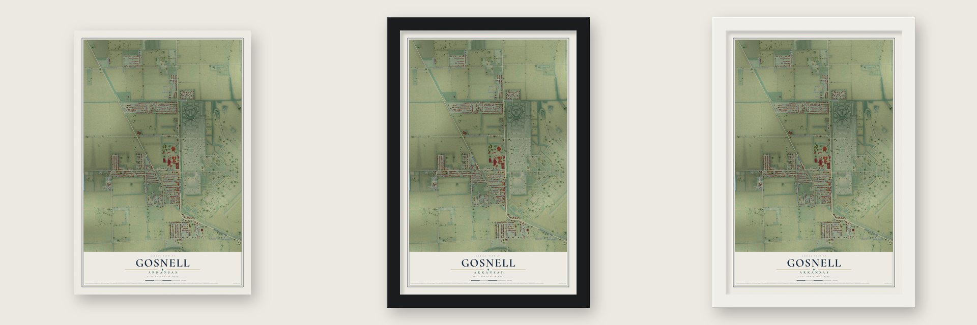 Gosnell, Arkansas map unframed, in a black wood frame and in a white wood frame