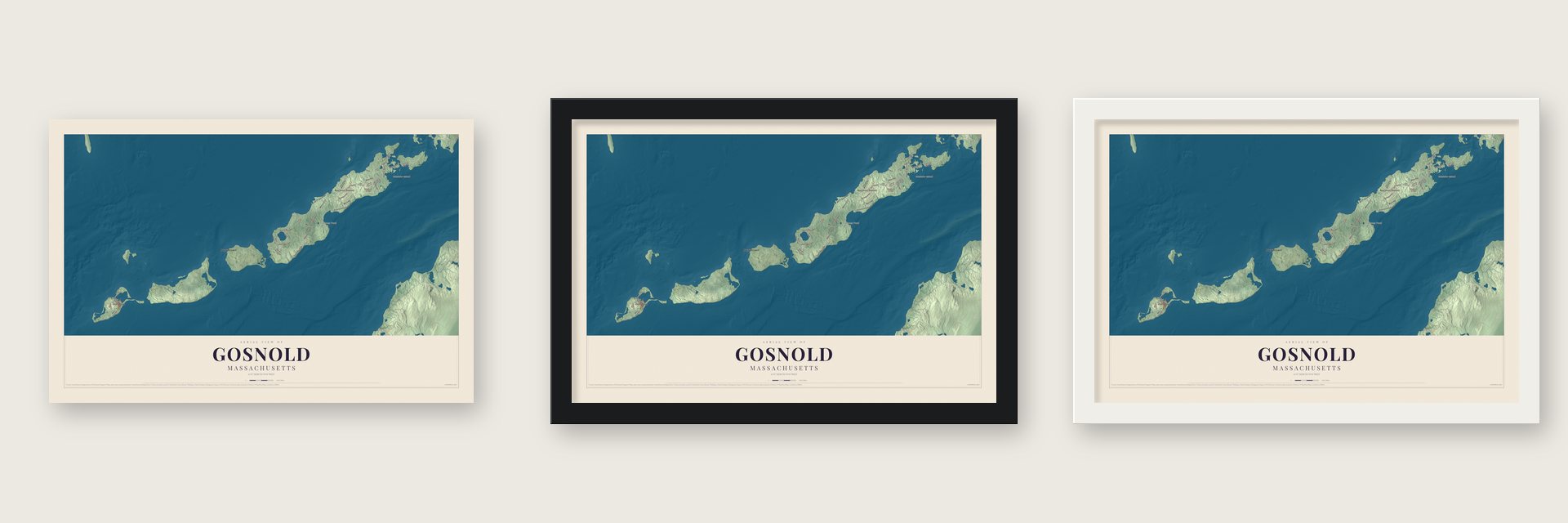 Gosnold, Massachusetts map unframed, in a black wood frame and in a white wood frame