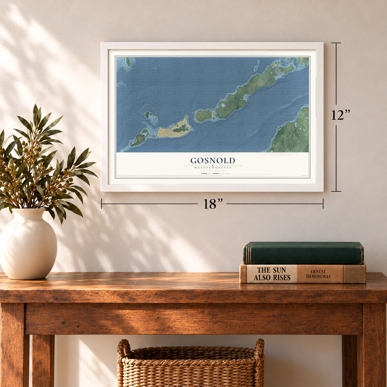 Gosnold, Massachusetts map, 12 x 18 inch print in a white frame in an entryway
