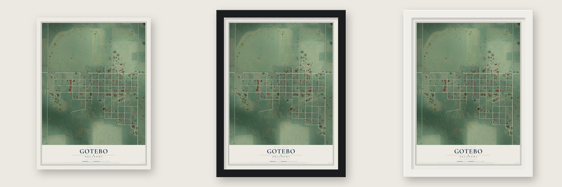 Gotebo, Oklahoma map unframed, in a black wood frame and in a white wood frame