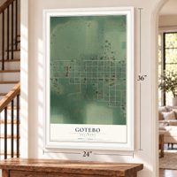 Gotebo, Oklahoma map, 24 x 36 inch print in a white frame by a staircase