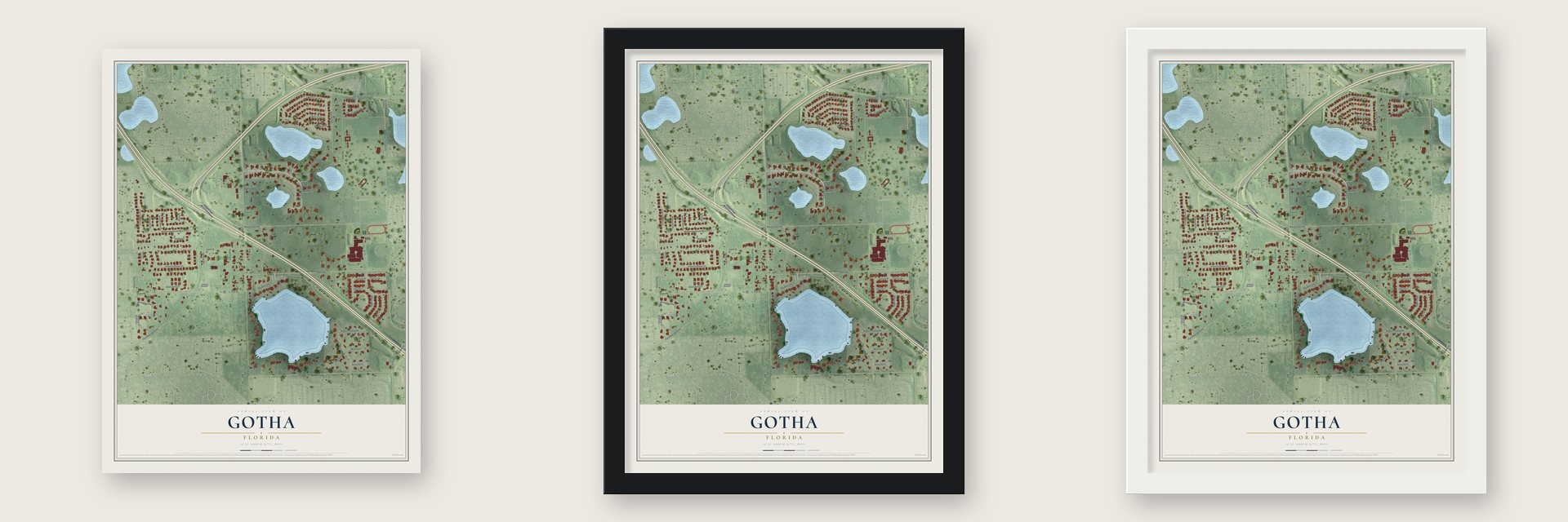 Gotha, Florida map unframed, in a black wood frame and in a white wood frame