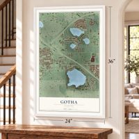Gotha, Florida map, 24 x 36 inch print in a white frame by a staircase
