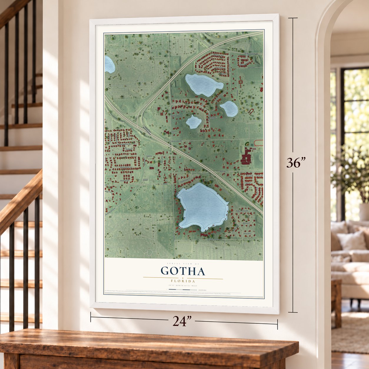 Gotha, Florida map, 24 x 36 inch print in a white frame by a staircase