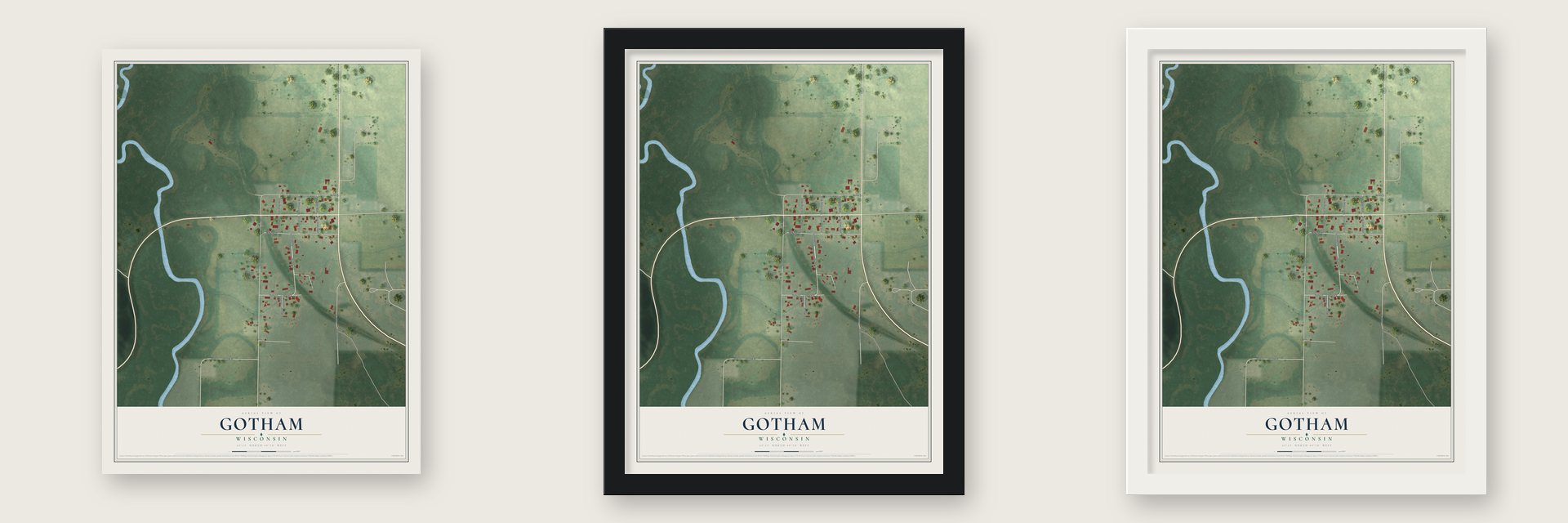 Gotham, Wisconsin map unframed, in a black wood frame and in a white wood frame