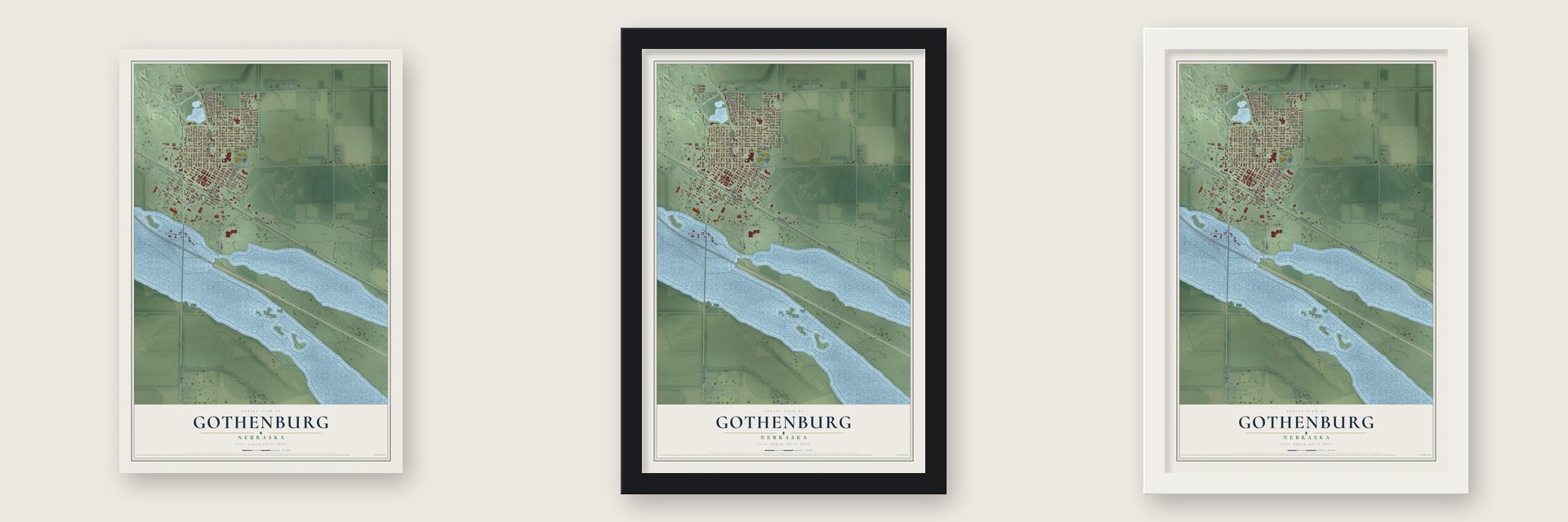 Gothenburg, Nebraska map unframed, in a black wood frame and in a white wood frame