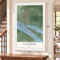 Gothenburg, Nebraska map, 24 x 36 inch print in a white frame by a staircase