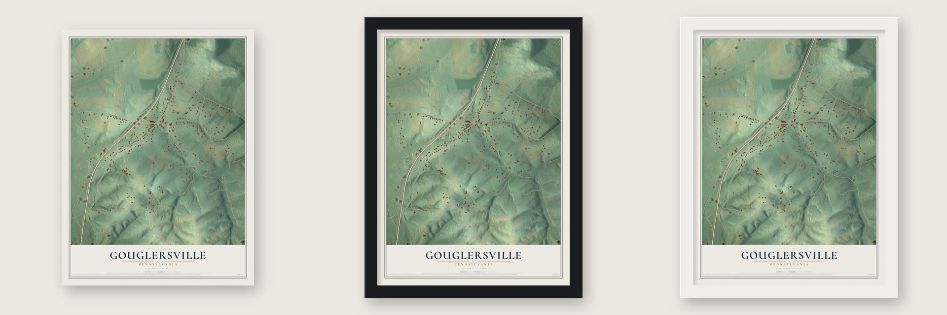 Gouglersville, Pennsylvania map unframed, in a black wood frame and in a white wood frame
