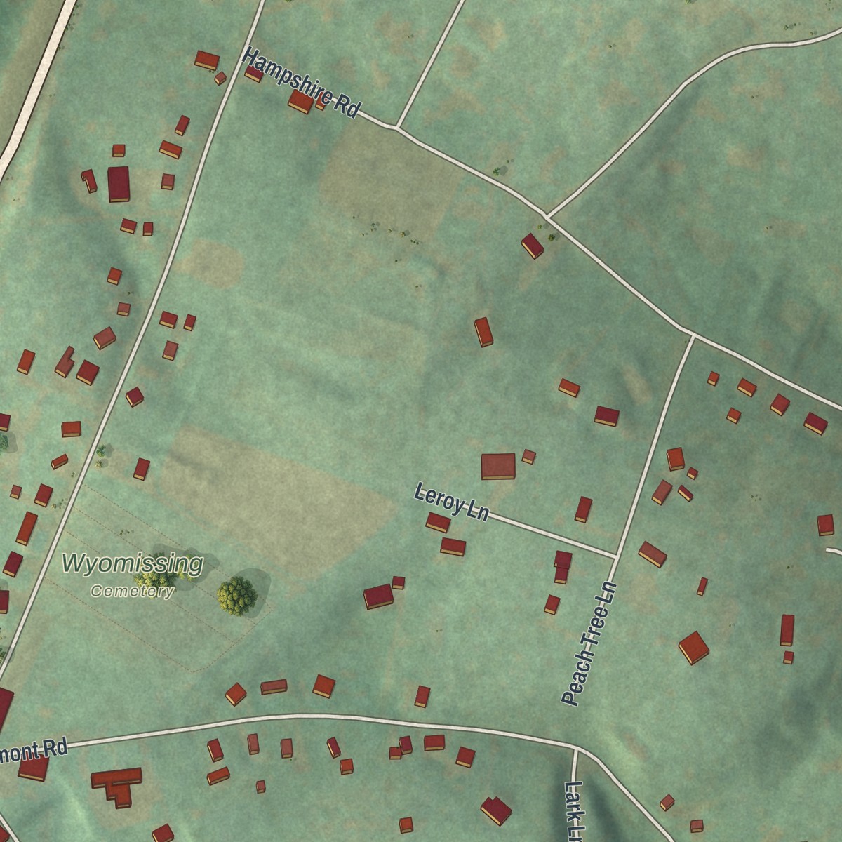 Second close-up of the map of Gouglersville, Pennsylvania print showing more streets and buildings