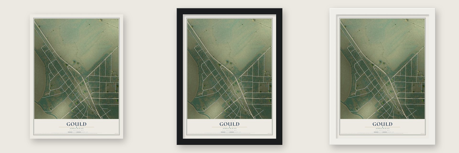 Gould, Arkansas map unframed, in a black wood frame and in a white wood frame