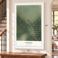 Gould, Arkansas map, 24 x 36 inch print in a white frame by a staircase