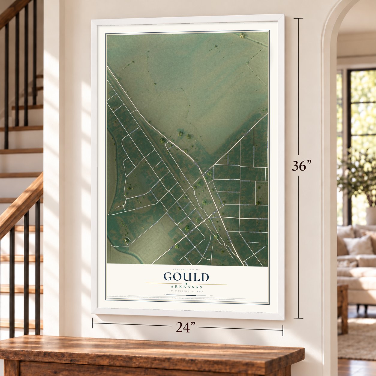 Gould, Arkansas map, 24 x 36 inch print in a white frame by a staircase