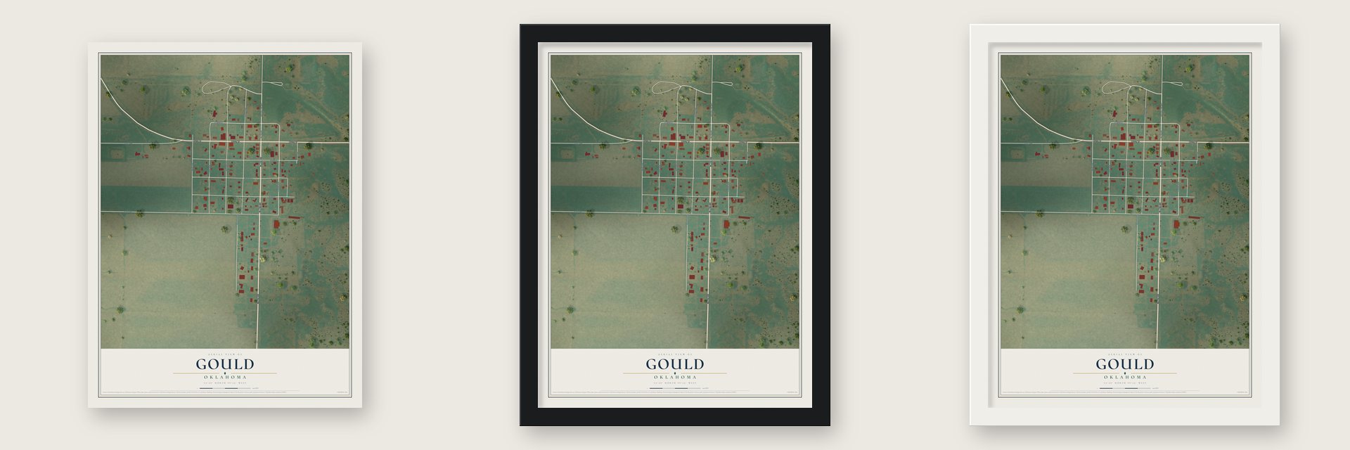 Gould, Oklahoma map unframed, in a black wood frame and in a white wood frame