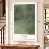 Gould, Oklahoma map, 24 x 36 inch print in a white frame by a staircase