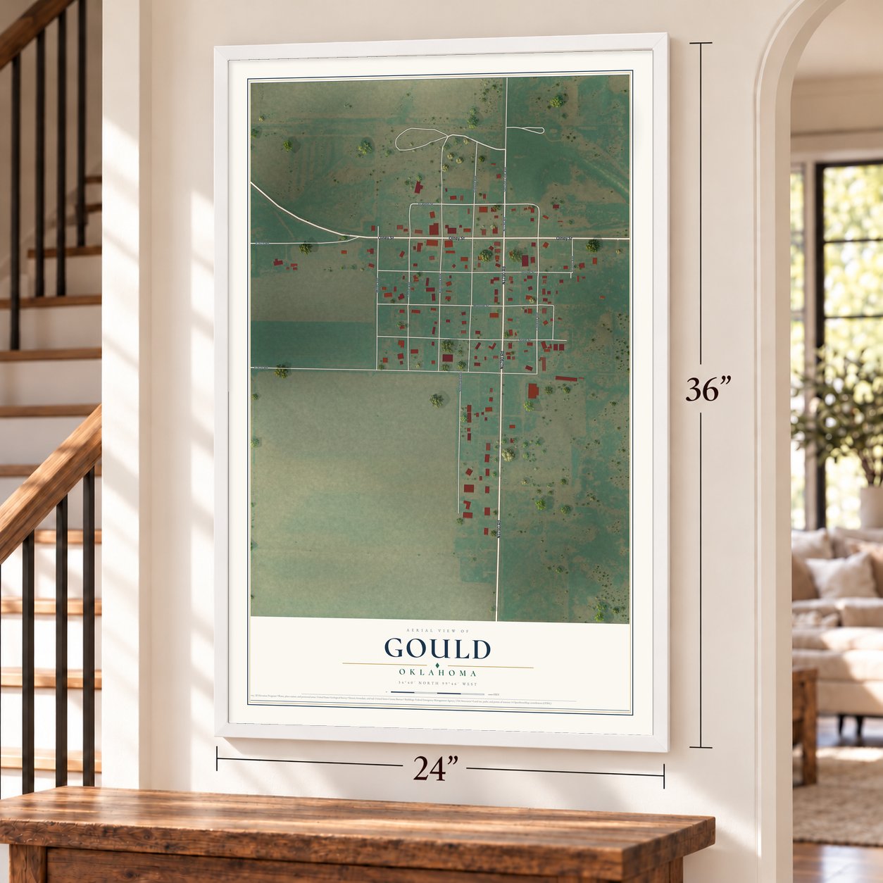 Gould, Oklahoma map, 24 x 36 inch print in a white frame by a staircase