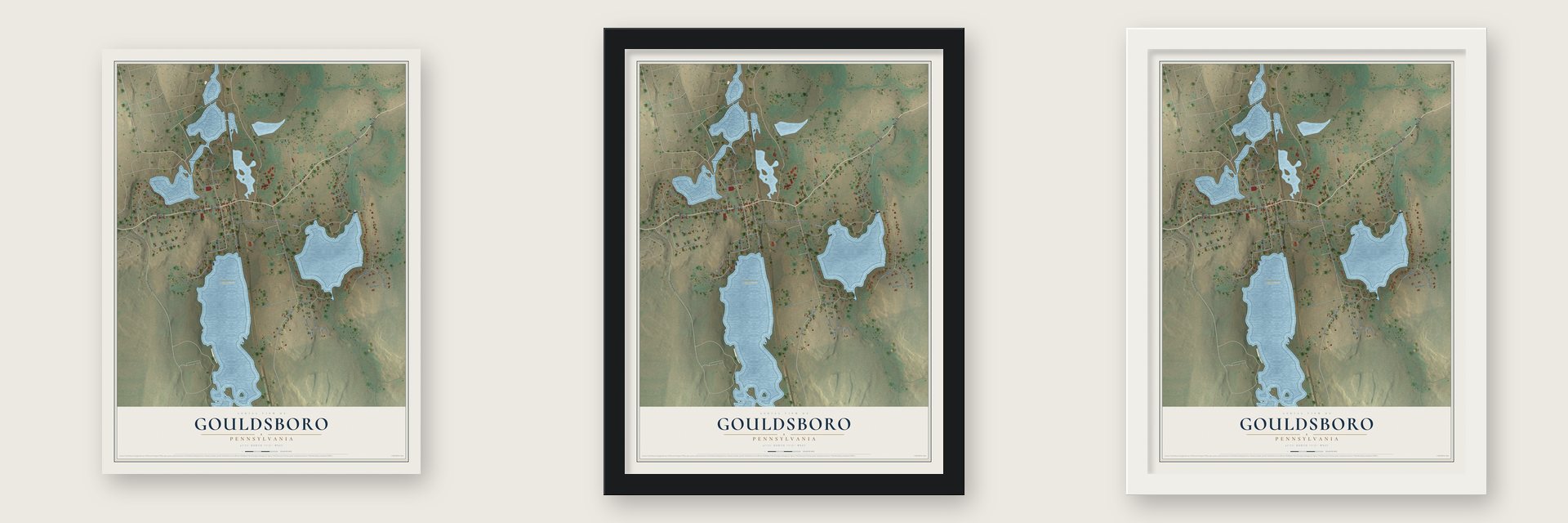 Gouldsboro, Pennsylvania map unframed, in a black wood frame and in a white wood frame