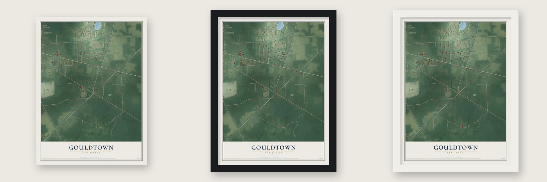 Gouldtown, New Jersey map unframed, in a black wood frame and in a white wood frame