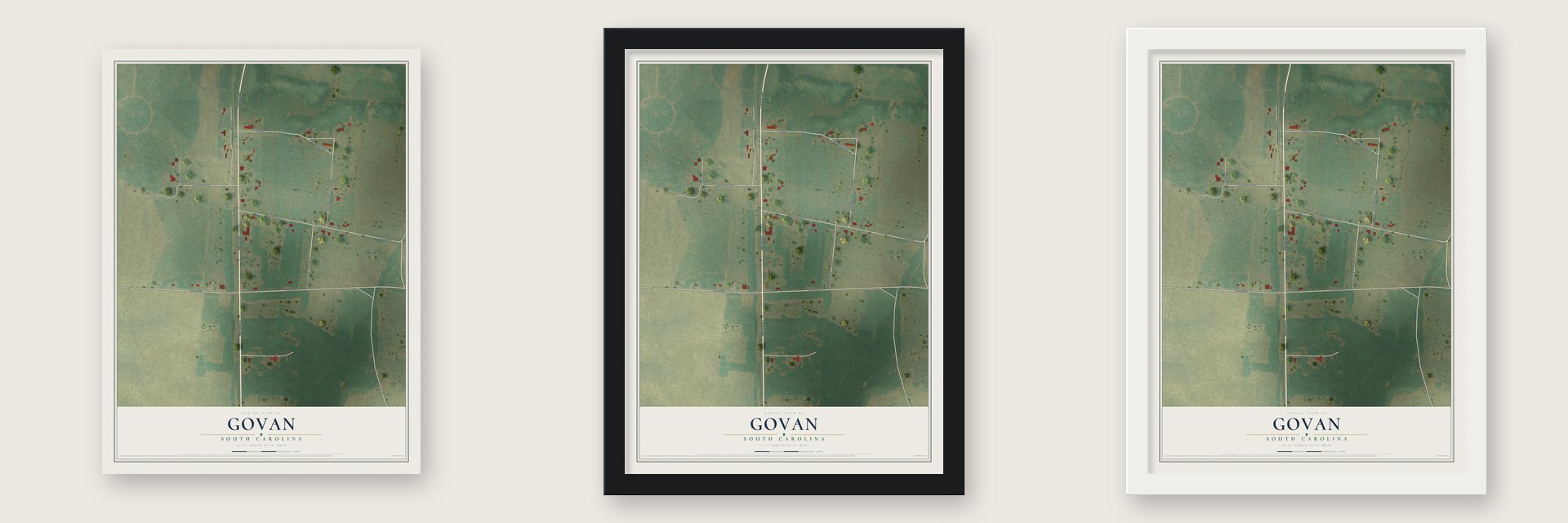 Govan, South Carolina map unframed, in a black wood frame and in a white wood frame