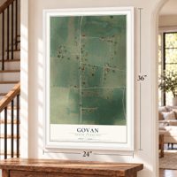 Govan, South Carolina map, 24 x 36 inch print in a white frame by a staircase